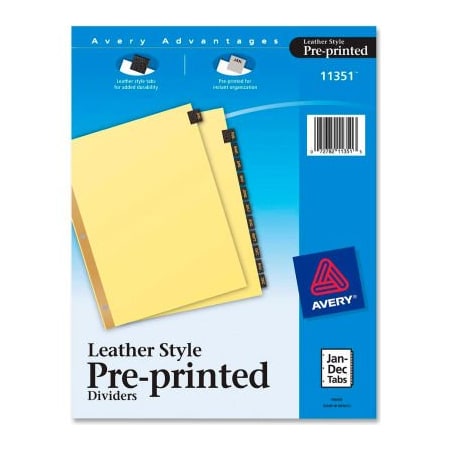Avery Dennison Avery Monthly Gold Line Black Leather Tab Divider, Jan to Dec, 8.5"x11", 12 Tabs, Buff/Black 11351